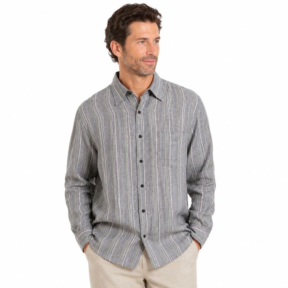 Alan Flusser 100% Linen Shirt Mens XL Striped Button Front Long Sleeve Old Money